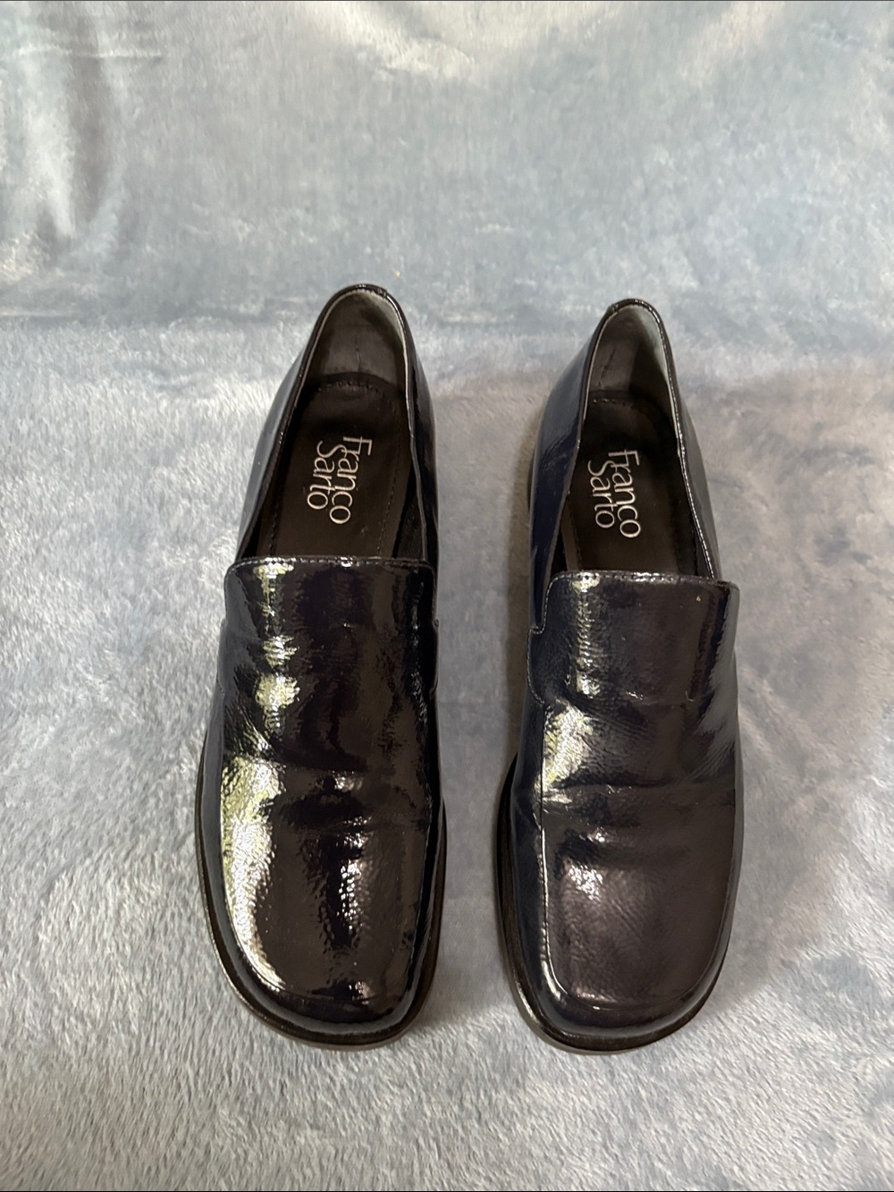Franco Sarto Black Patent Slip-On Loafers.